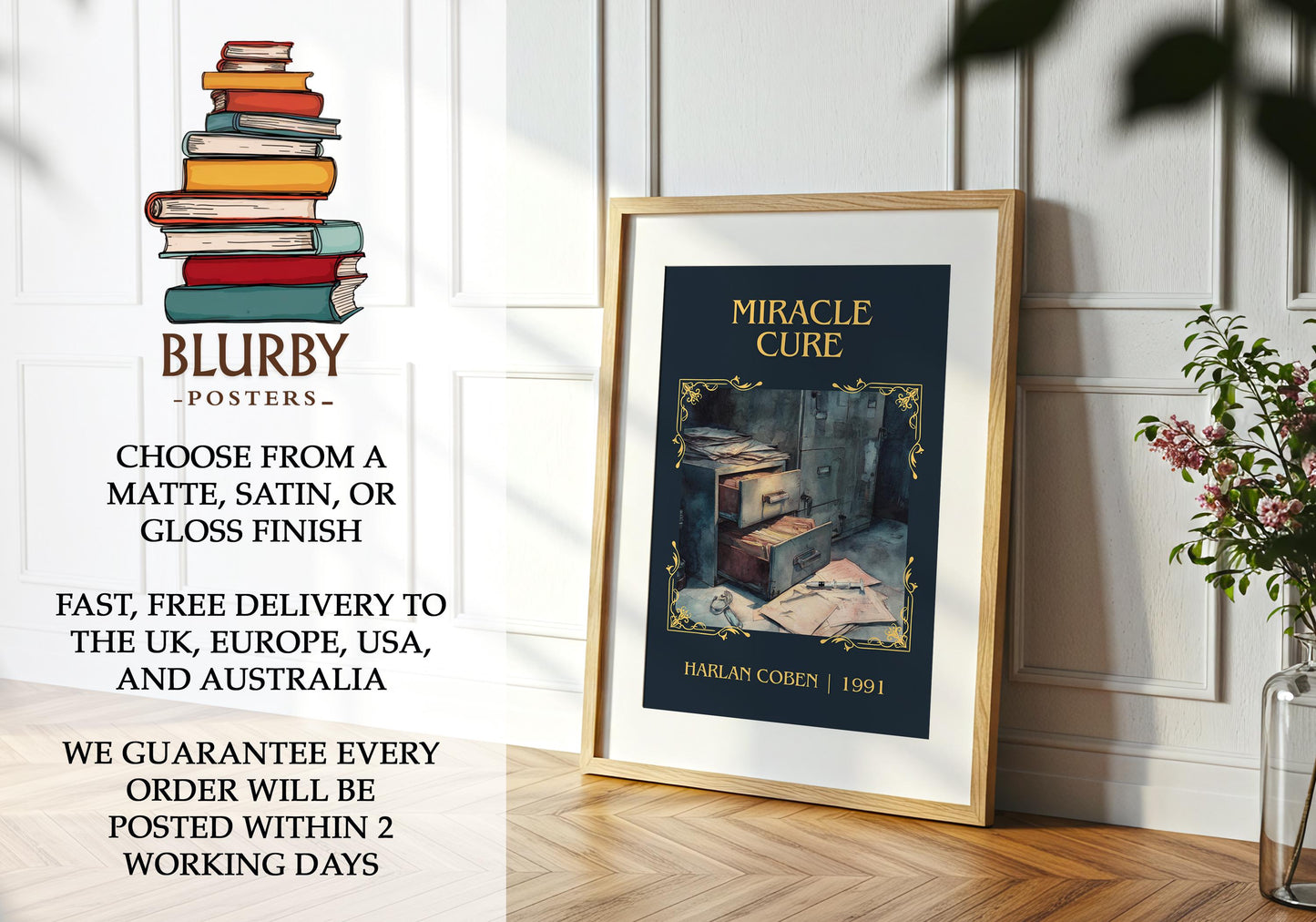 Miracle Cure by Harlan Coben Descriptive Poster Print. Free Delivery Wall Art Author & Blurb Book Artwork