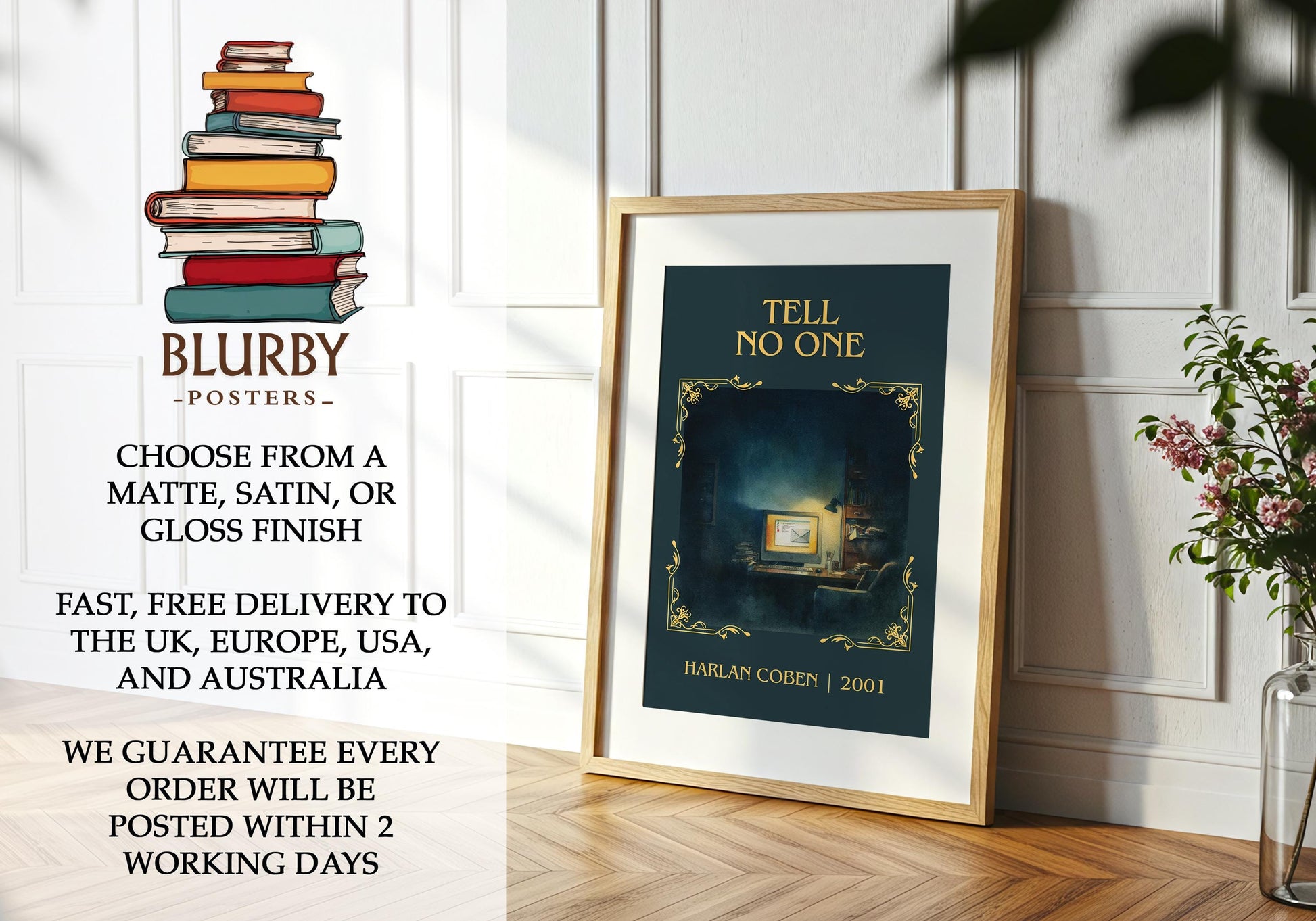Tell No One by Harlan Coben Descriptive Poster Print. Free Delivery Wall Art Author & Blurb Book Artwork