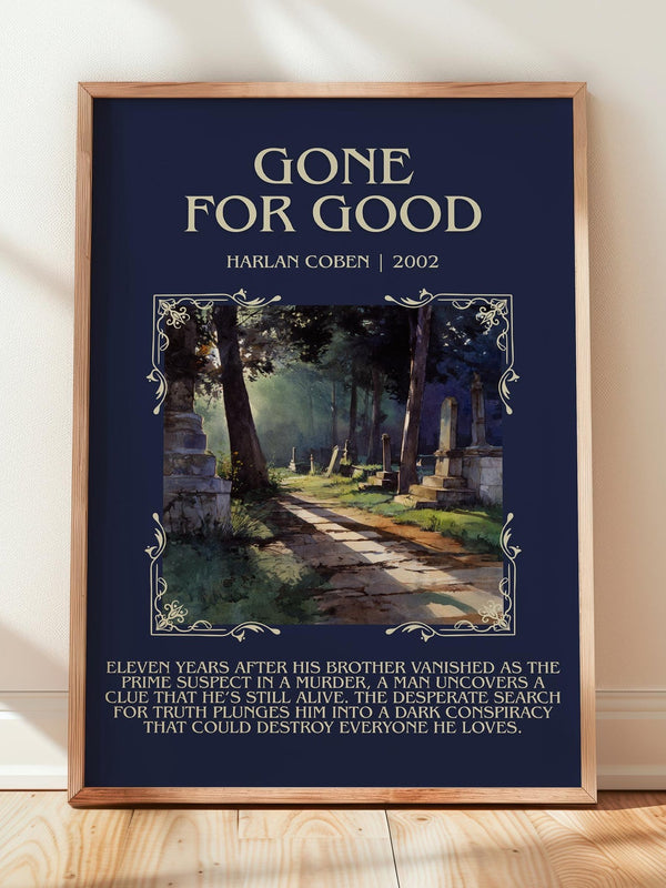 Gone for Good minimalist print in frame leaning in hallway – thriller wall art