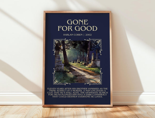 Gone for Good minimalist print in frame leaning in hallway – thriller wall art