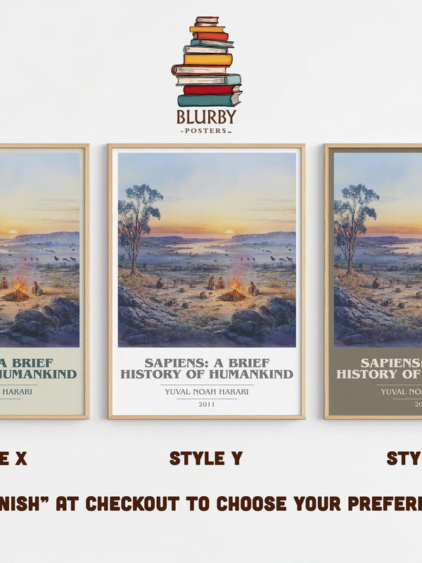 Sapiens: A Brief History of Humankind book cover print in frame leaning in hallway – non fiction wall art
