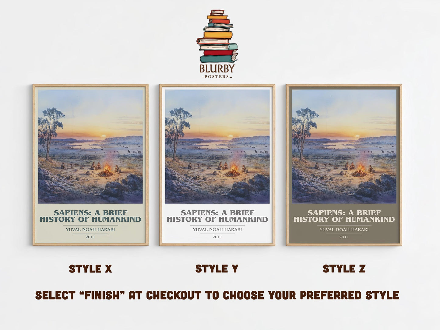 Sapiens: A Brief History of Humankind book cover print in frame leaning in hallway – non fiction wall art