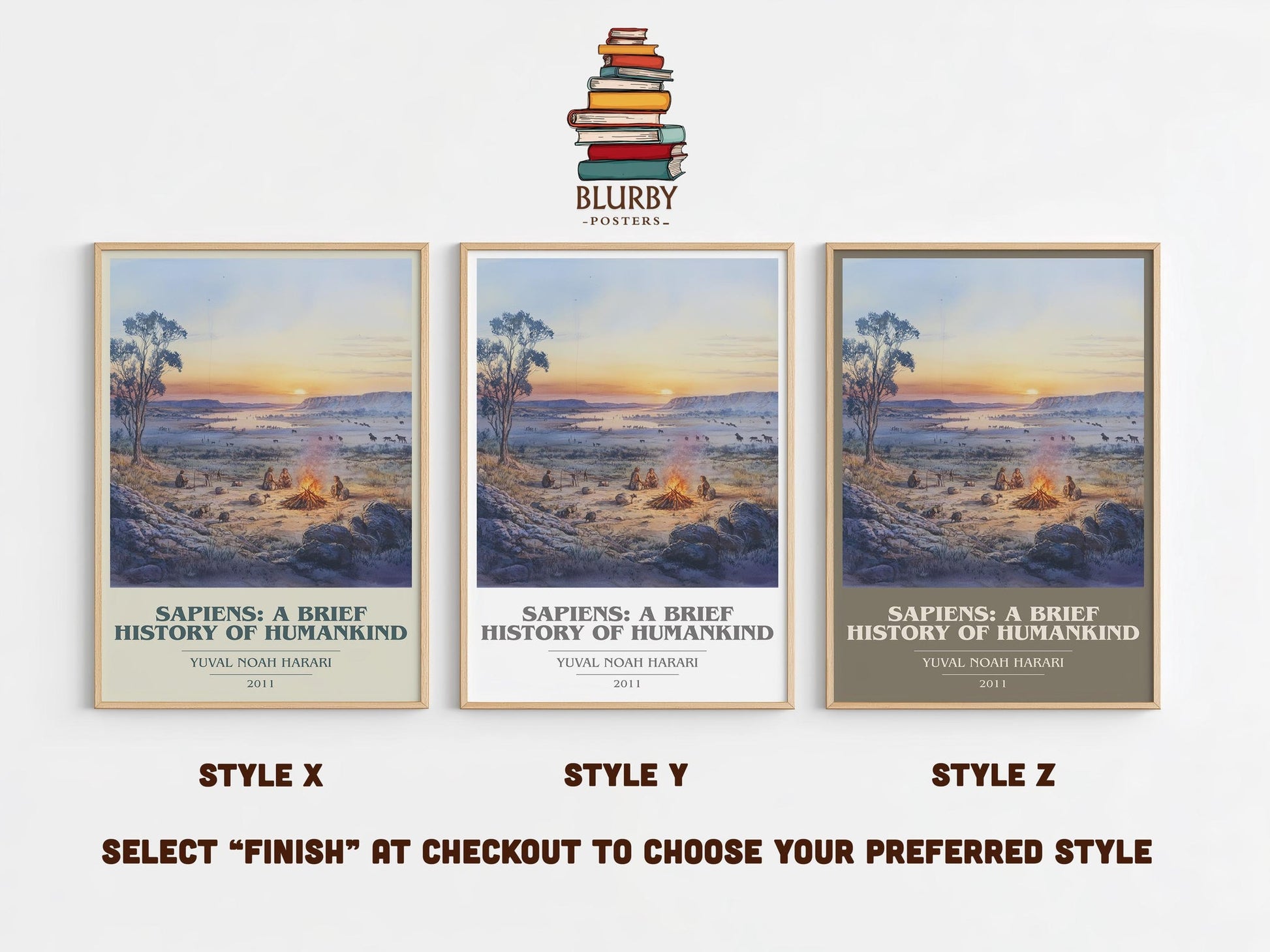 Sapiens: A Brief History of Humankind book cover print in frame leaning in hallway – non fiction wall art