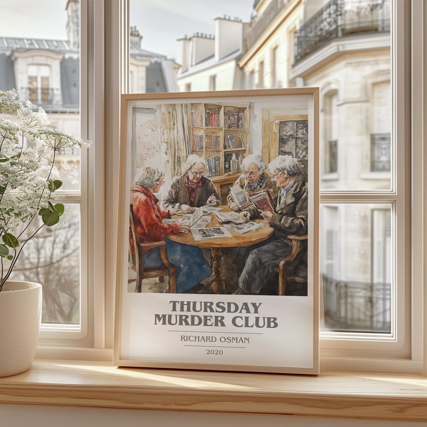 Thursday Murder Club book cover print framed by window – literary home decor