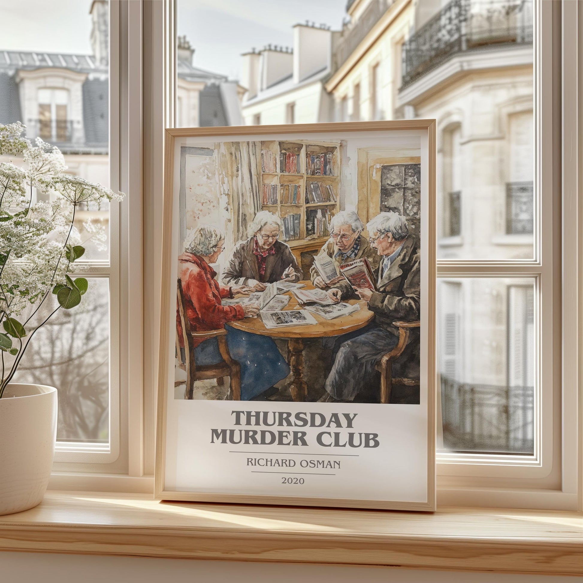 Thursday Murder Club book cover print framed by window – literary home decor