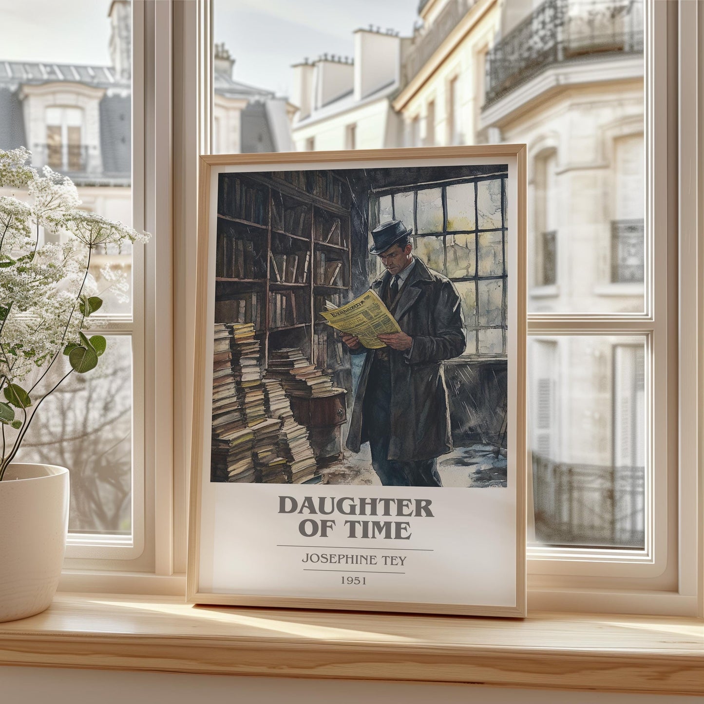 The Daughter of Time book cover print framed by window – literary home decor