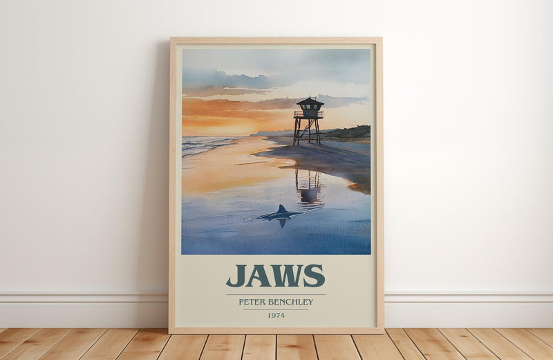 Jaws book cover print in frame leaning in hallway – thriller wall art