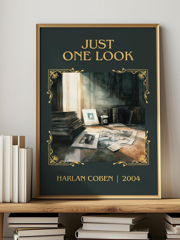 Just One Look classic book art print in frame leaning in hallway – thriller wall art