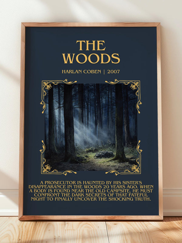 The Woods minimalist print in frame leaning in hallway – thriller wall art