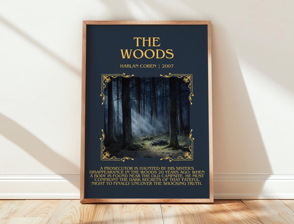 The Woods minimalist print in frame leaning in hallway – thriller wall art