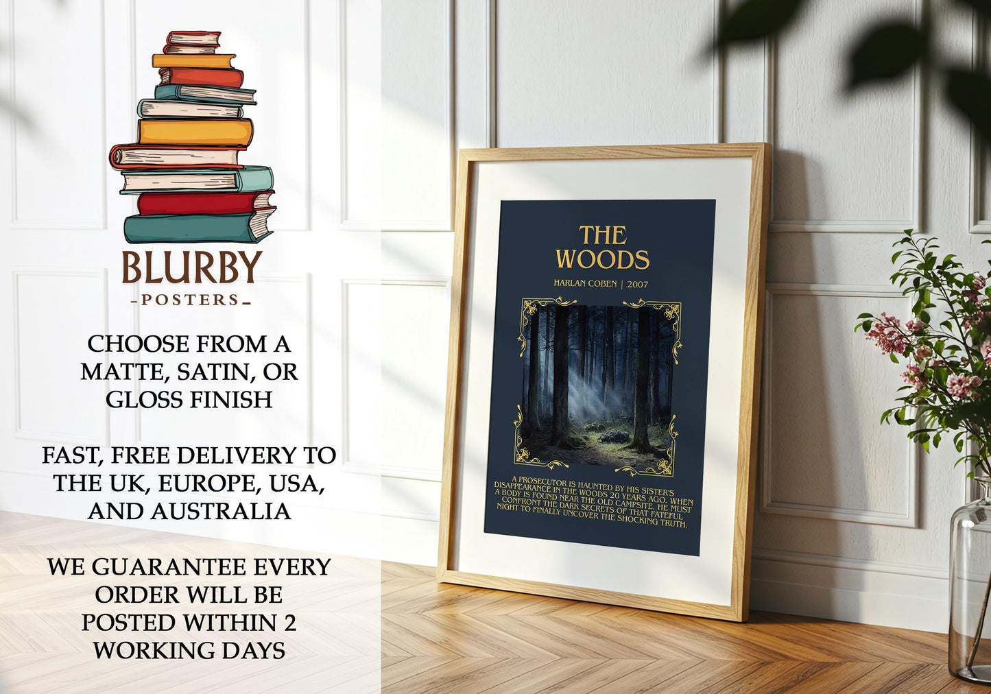 The Woods by Harlan Coben Descriptive Poster Print. Free Delivery Wall Art Author & Blurb Book Artwork