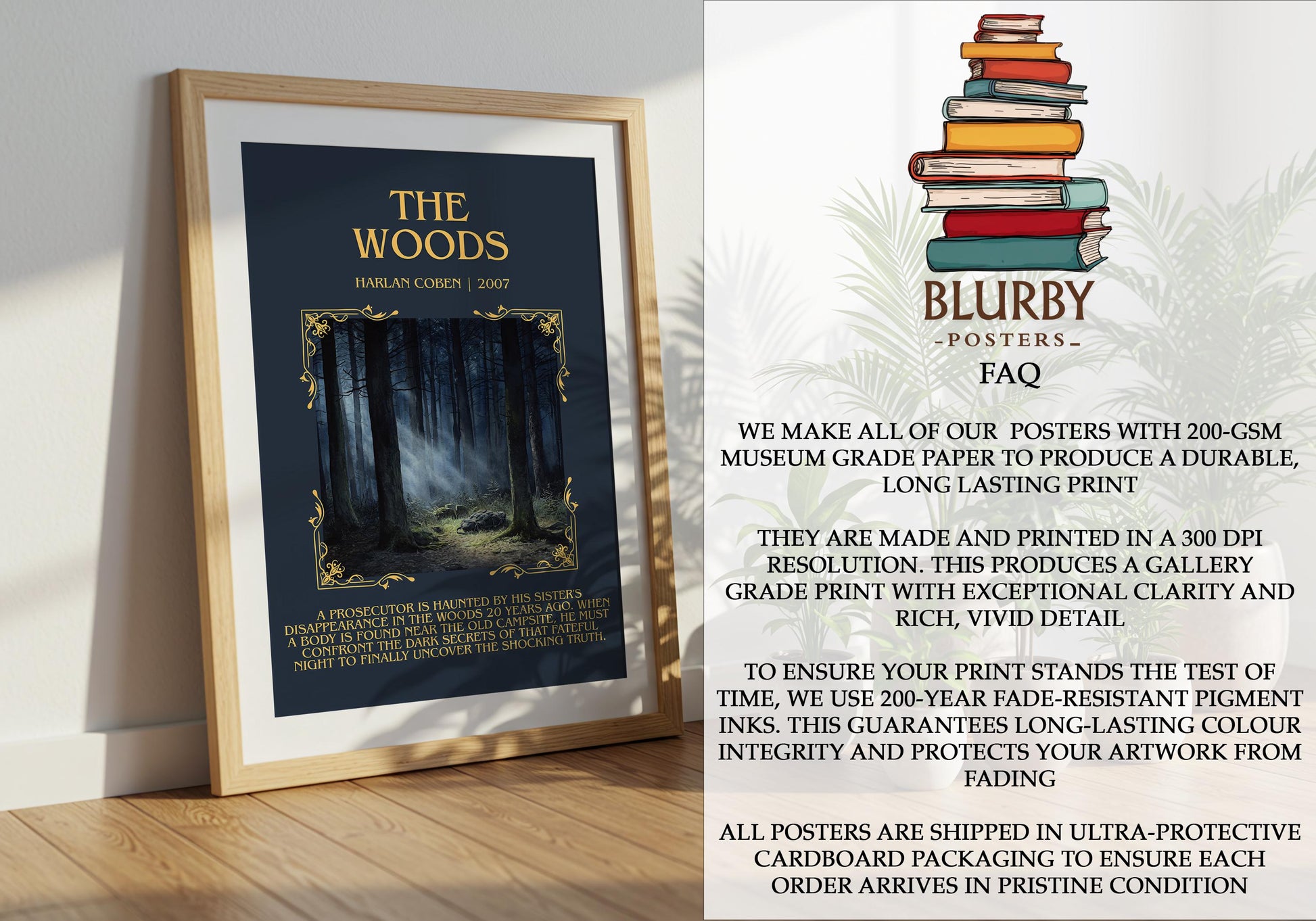 The Woods by Harlan Coben Descriptive Poster Print. Free Delivery Wall Art Author & Blurb Book Artwork