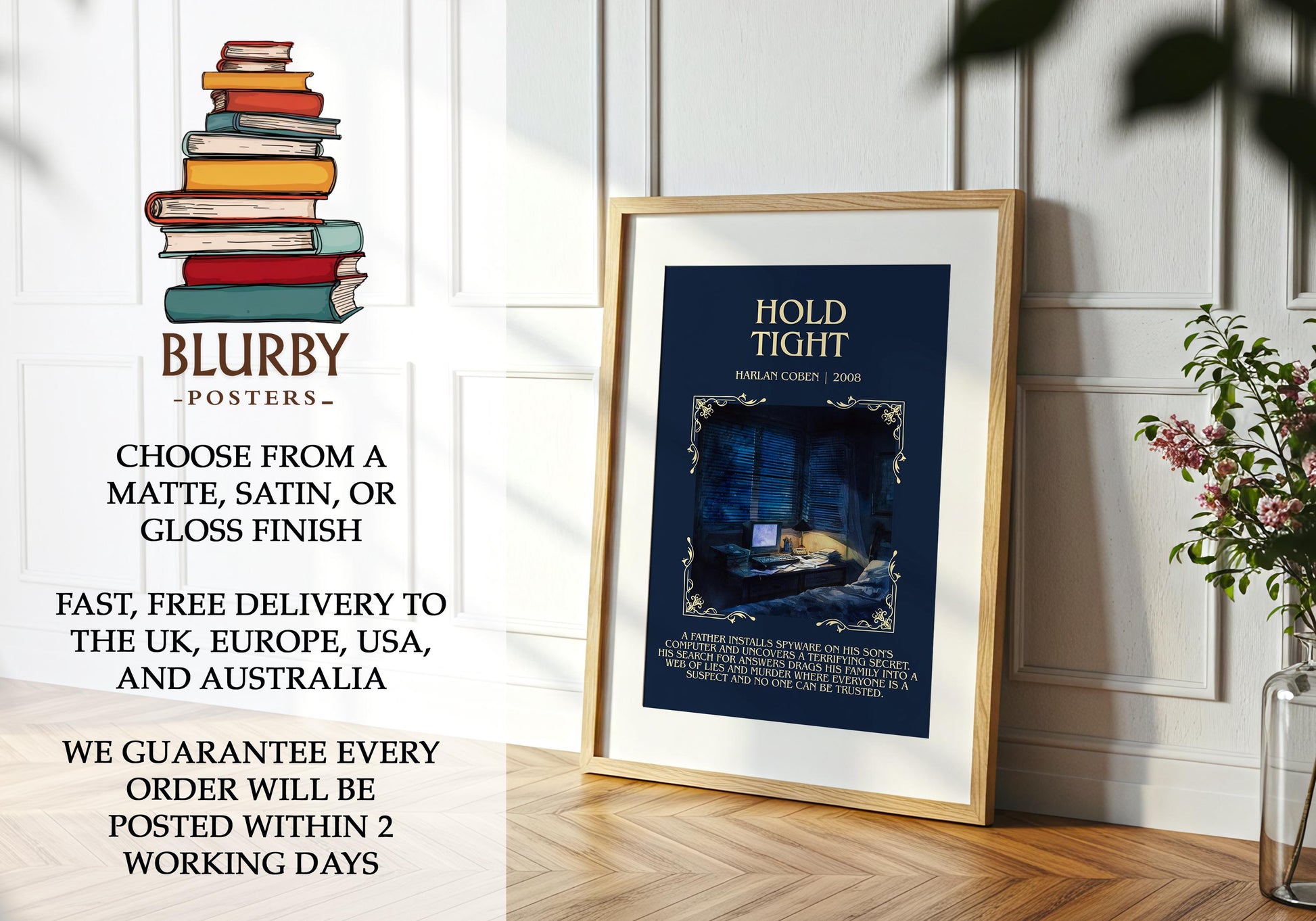 Hold Tight by Harlan Coben Descriptive Poster Print. Free Delivery Wall Art Author & Blurb Book Artwork