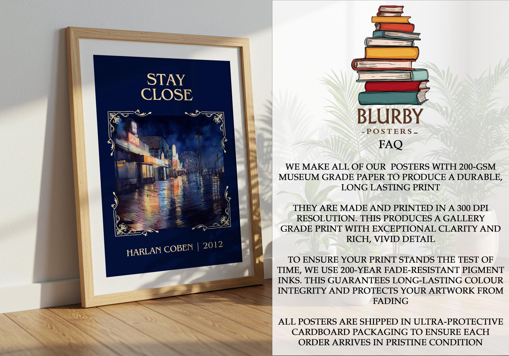 Stay Close by Harlan Coben Descriptive Poster Print. Free Delivery Wall Art Author & Blurb Book Artwork