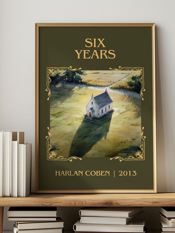 Six Years classic book art print in frame leaning in hallway – thriller wall art