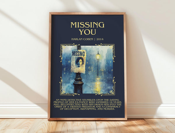 Missing You minimalist print in frame leaning in hallway – thriller wall art