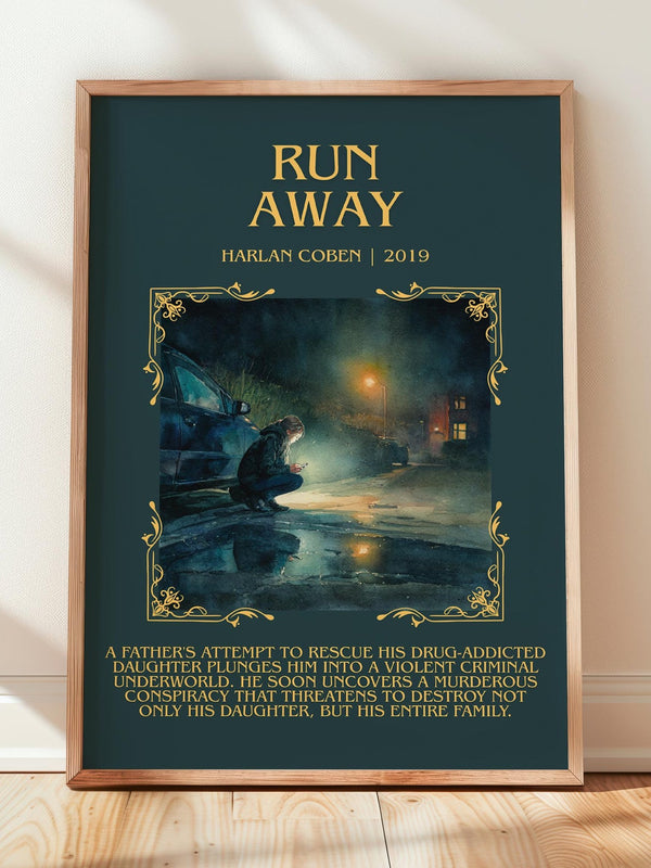 Run Away minimalist print in frame leaning in hallway – thriller wall art