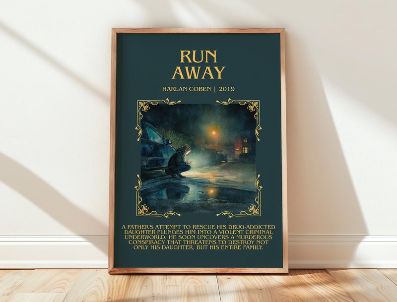 Run Away minimalist print in frame leaning in hallway – thriller wall art