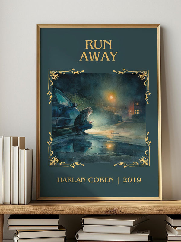 Run Away classic book art print in frame leaning in hallway – thriller wall art