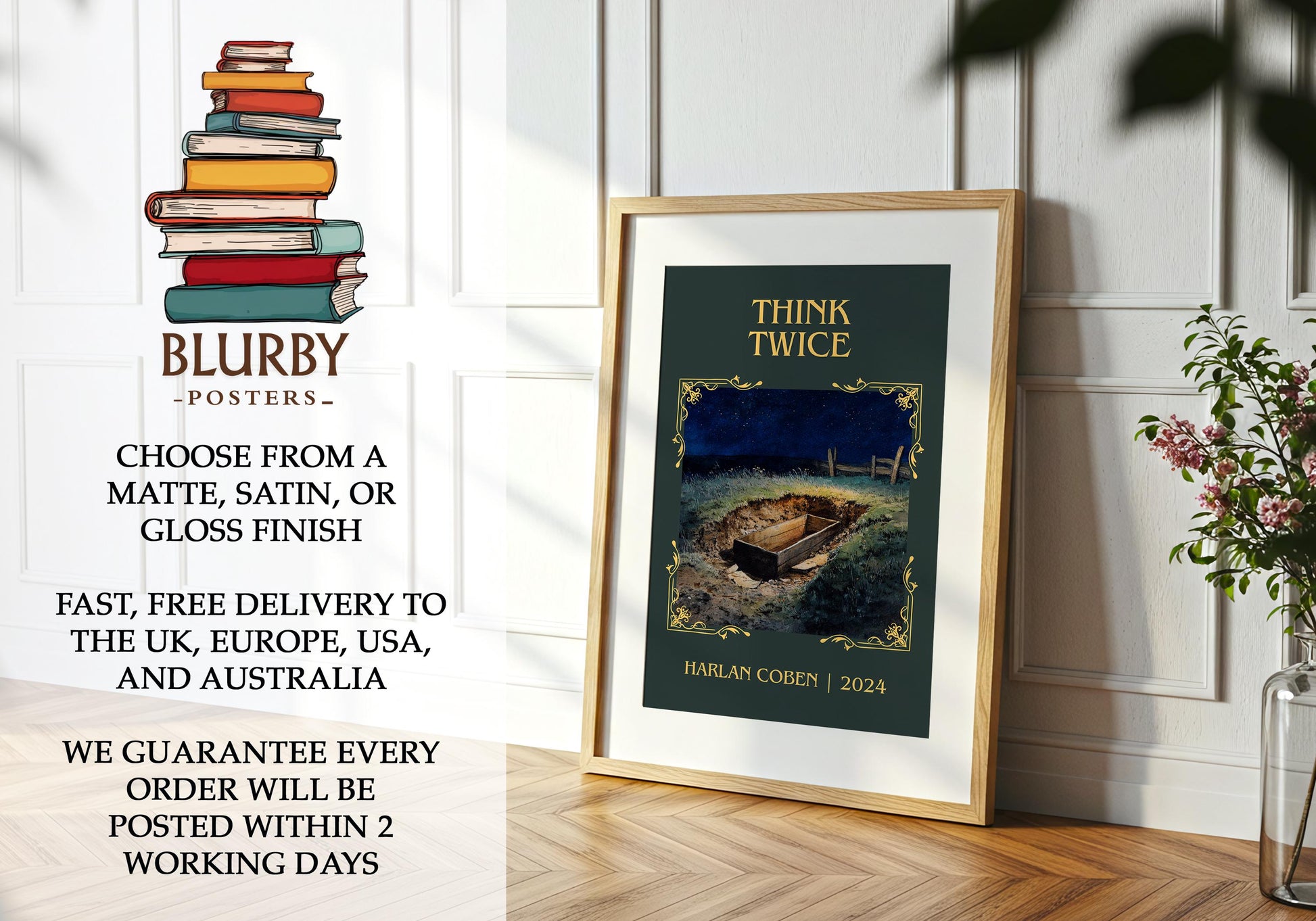 Think Twice by Harlan Coben Descriptive Poster Print. Free Delivery Wall Art Author & Blurb Book Artwork