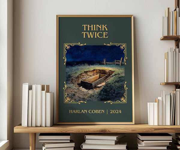 Think Twice classic book art print in frame leaning in hallway – thriller wall art