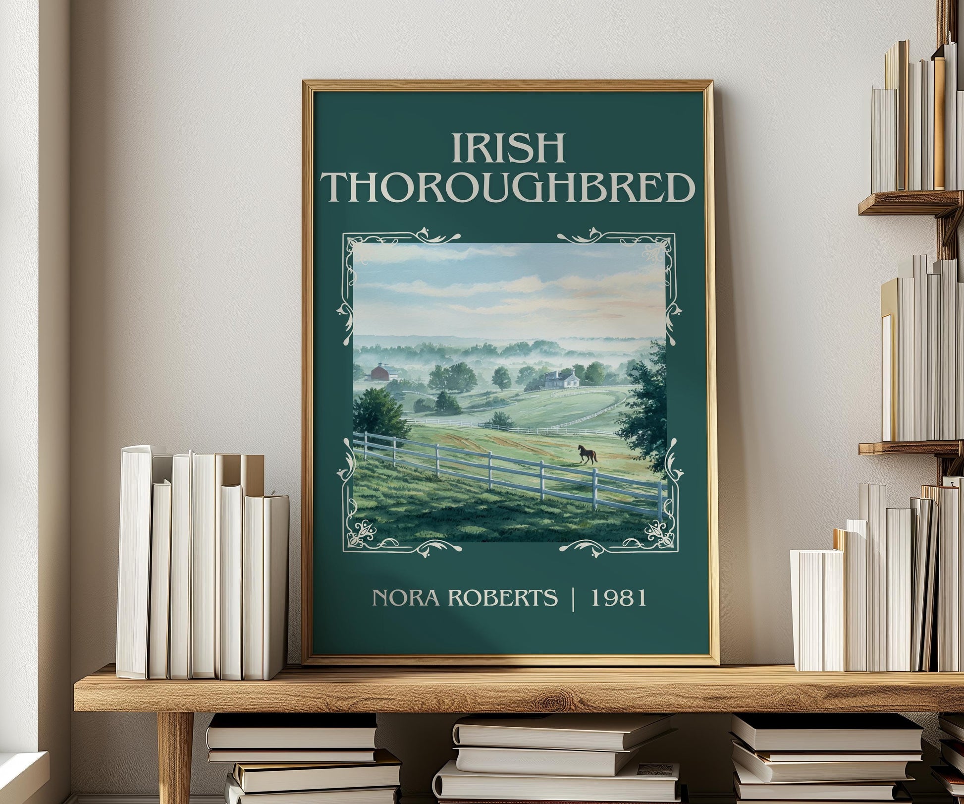 Irish Thoroughbred classic book art print in frame leaning in hallway – romance wall art