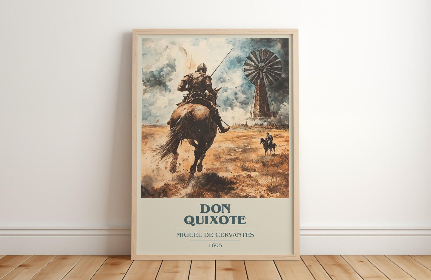 Don Quixote book cover print in frame leaning in hallway – classic literature wall art