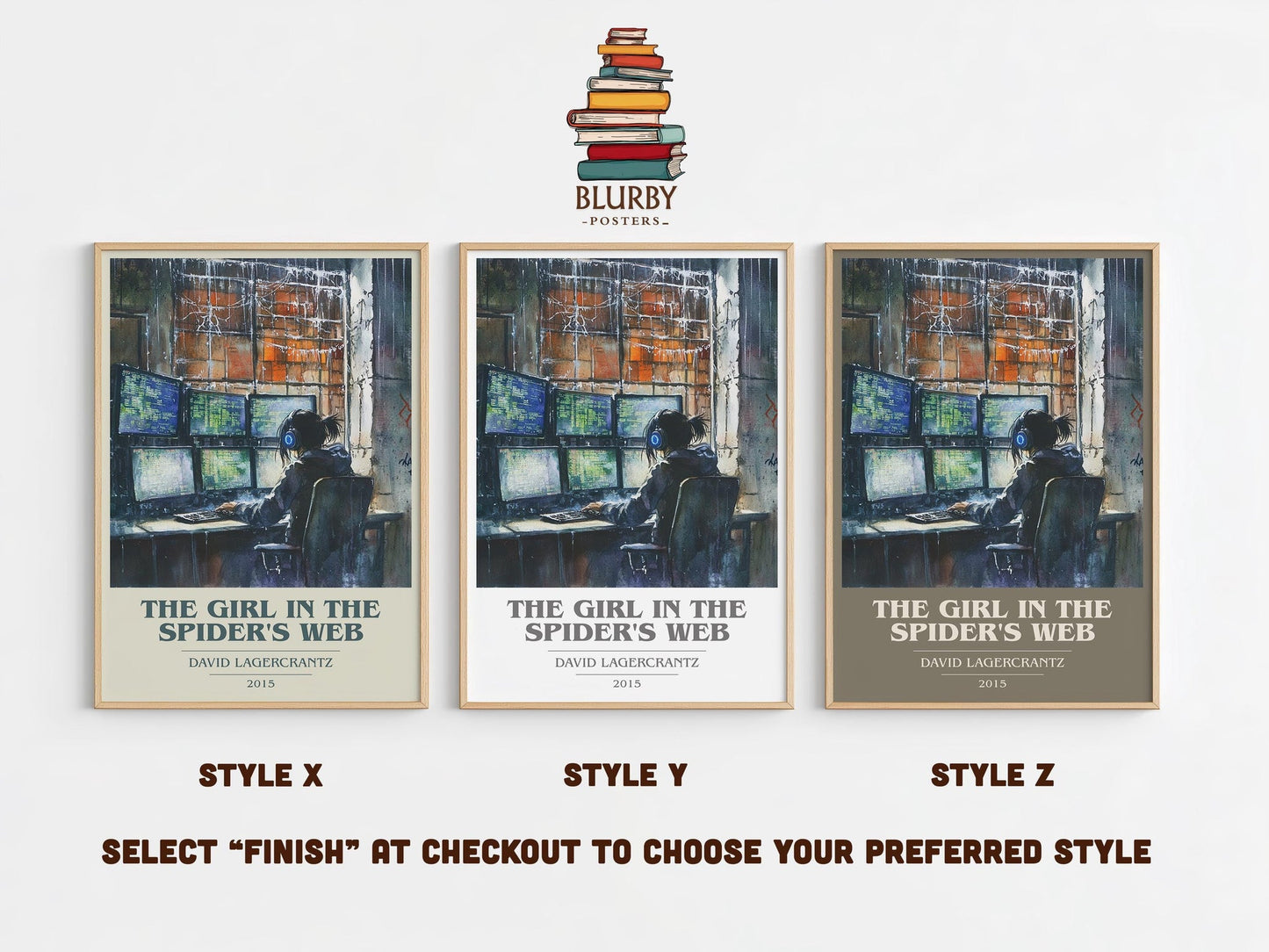 The Girl In The Spider's Web book cover print in frame leaning in hallway – thriller wall art