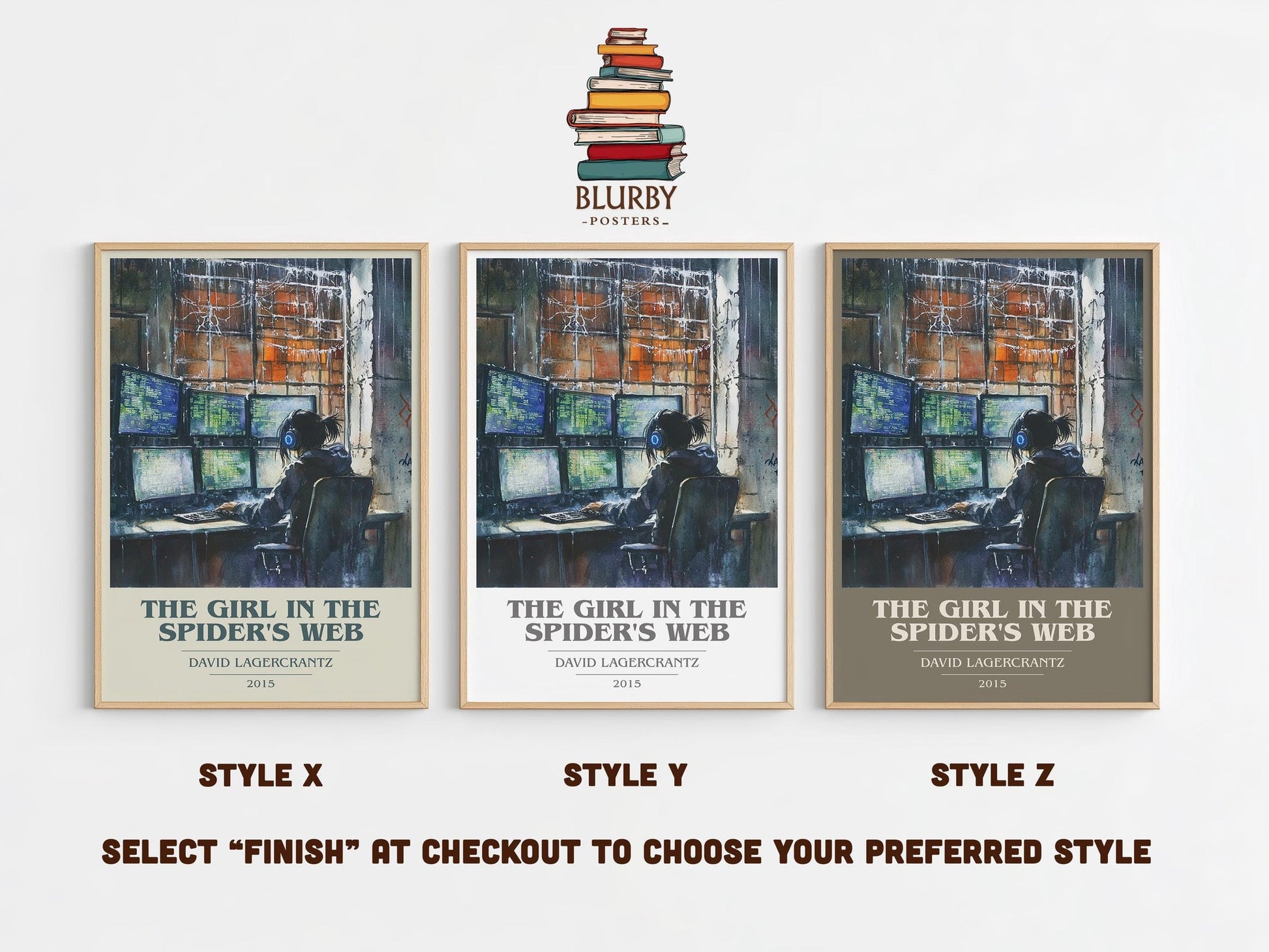 The Girl In The Spider's Web book cover print in frame leaning in hallway – thriller wall art