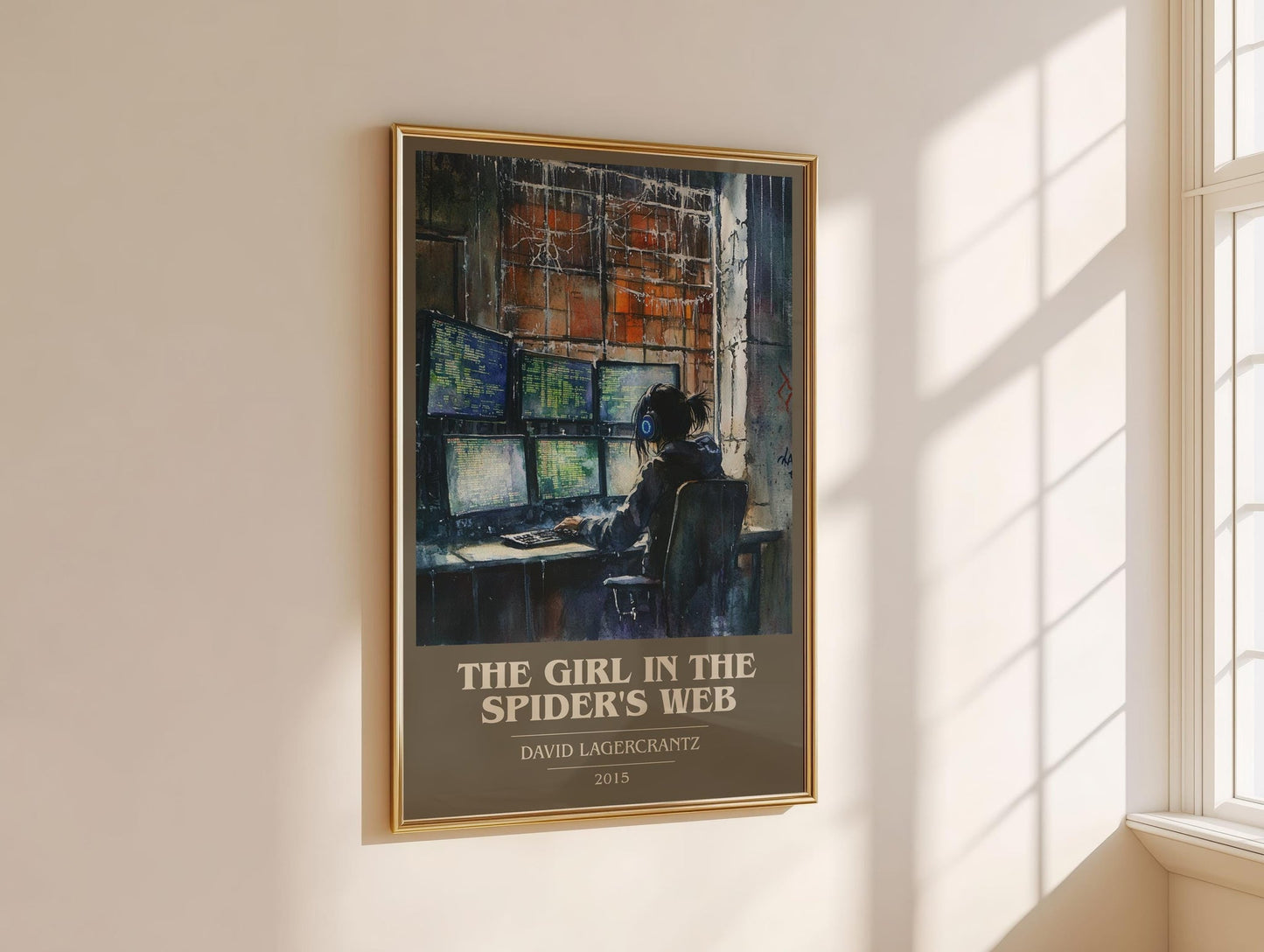 The Girl In The Spider's Web book cover print framed by window – literary home decor