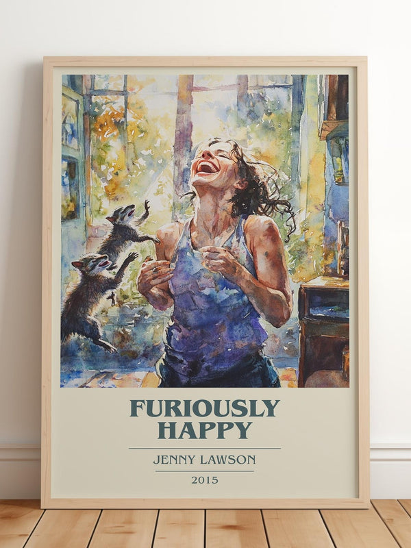 Furiously Happy book cover print in frame leaning in hallway – memoir wall art