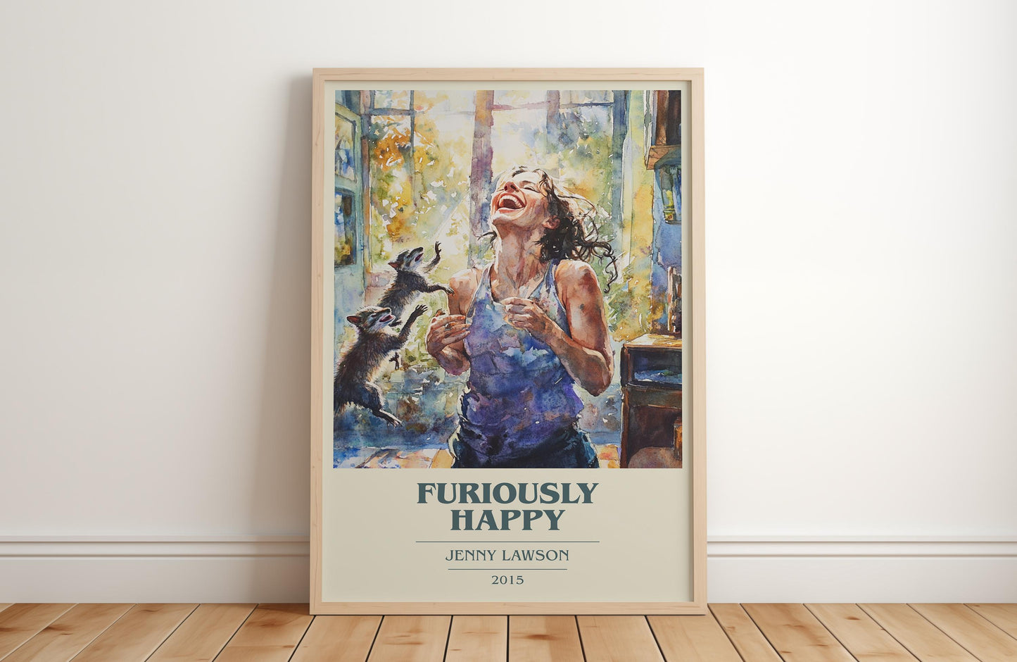 Furiously Happy book cover print in frame leaning in hallway – memoir wall art