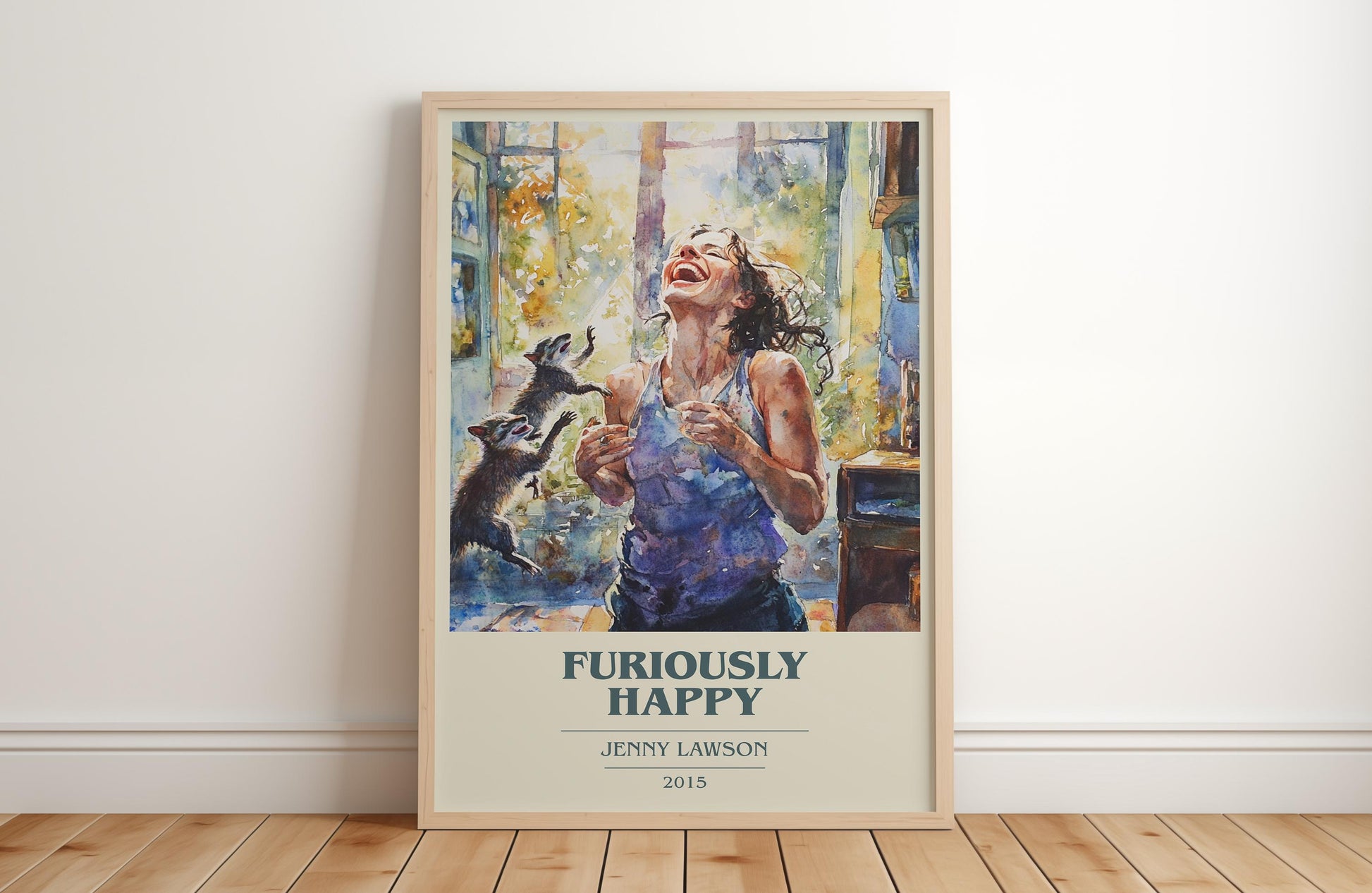 Furiously Happy book cover print in frame leaning in hallway – memoir wall art