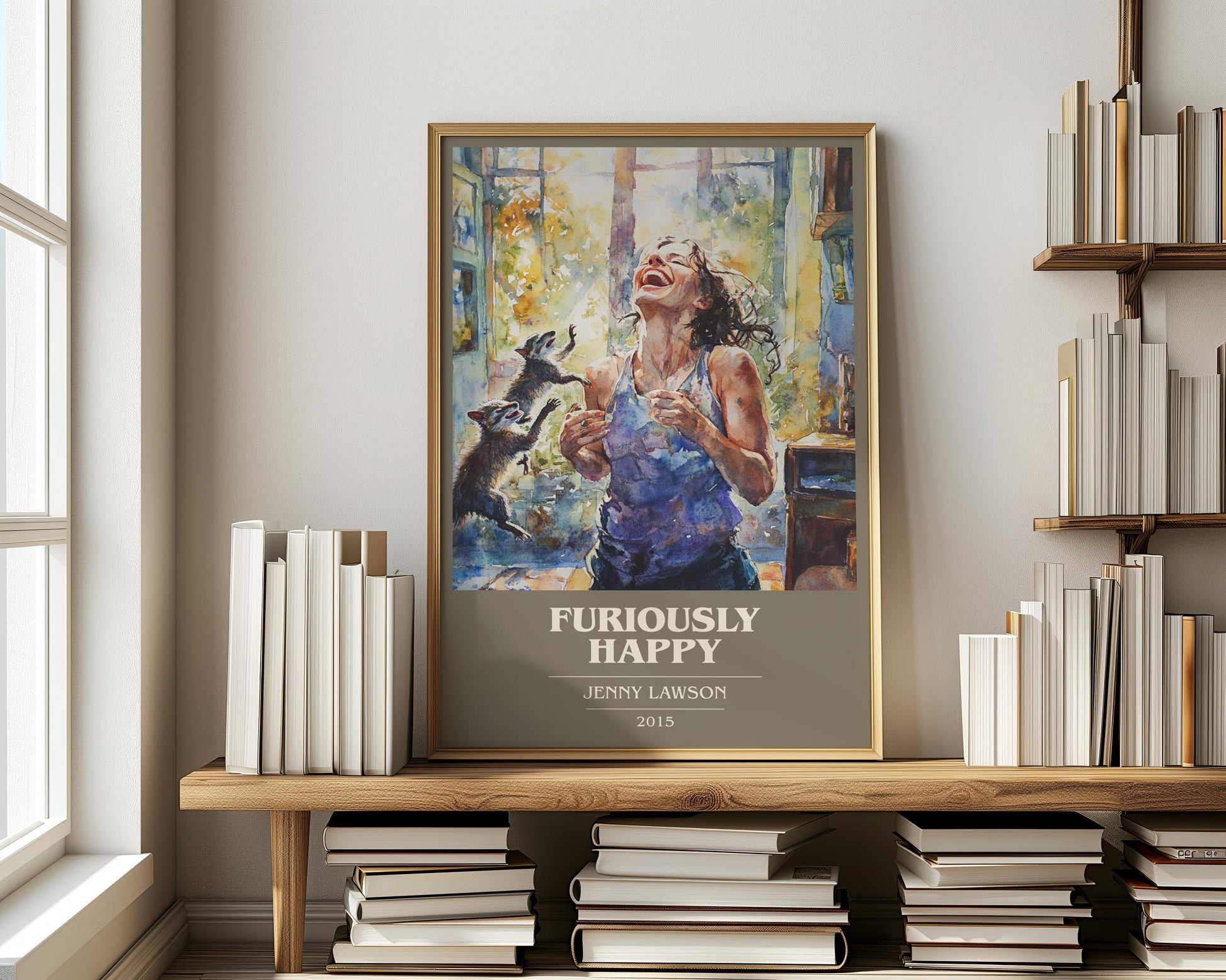 Furiously Happy book cover print on bookshelf – Jenny Lawson fan gift