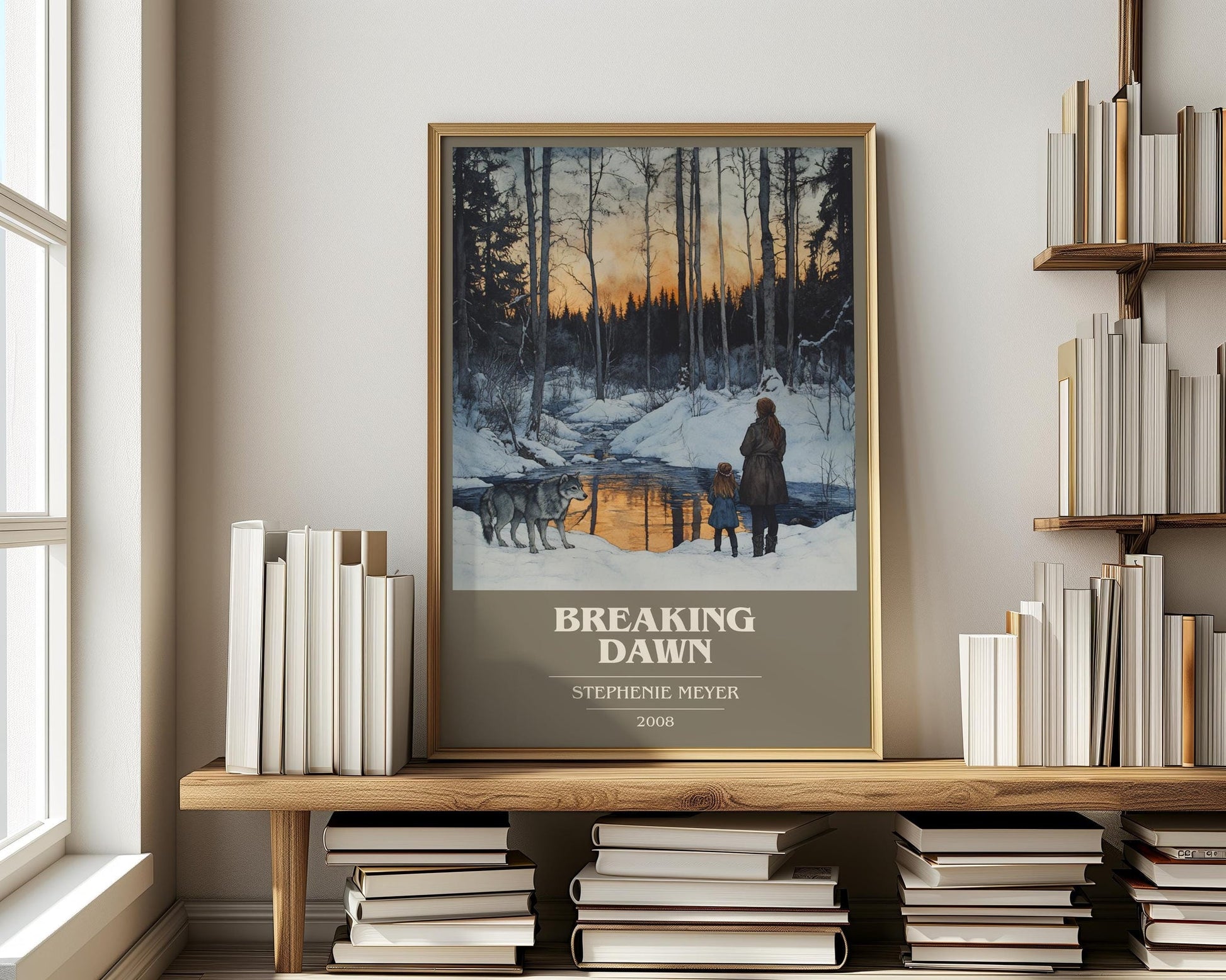 Breaking Dawn book cover print on bookshelf – Stephenie Meyer fan gift