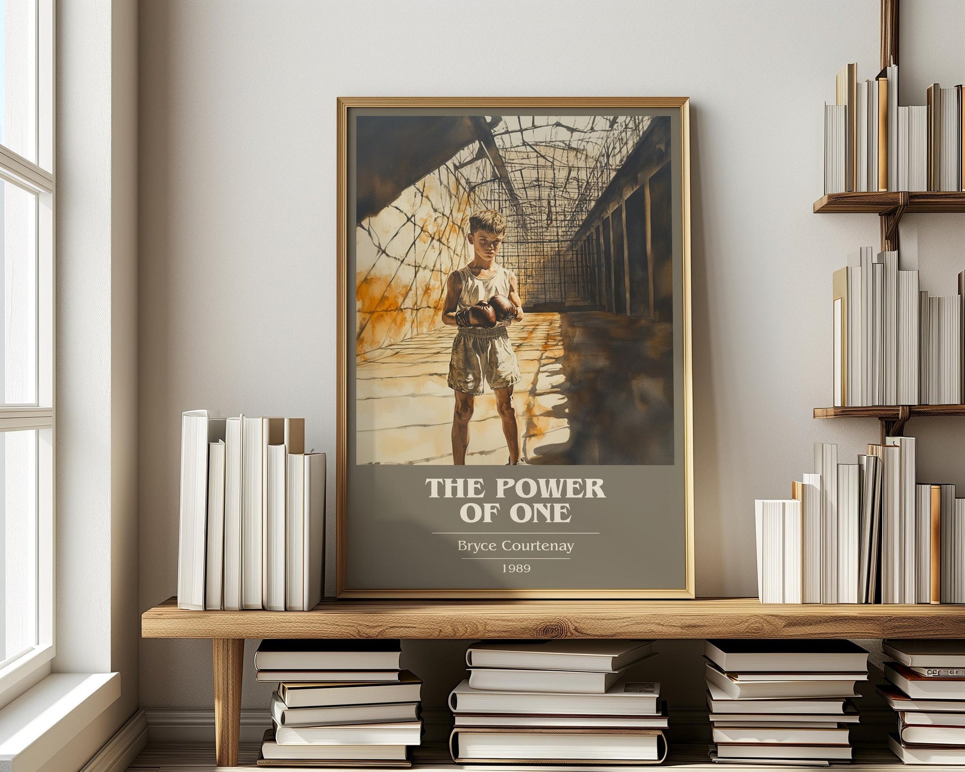 The Power of One book cover print on bookshelf – Bryce Courtenay fan gift