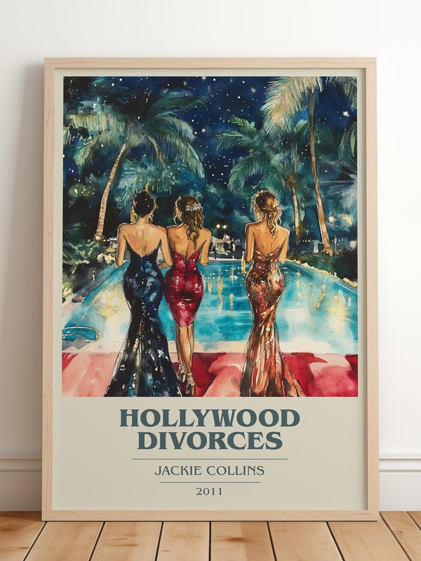 Hollywood Divorces book cover print in frame leaning in hallway – romance wall art