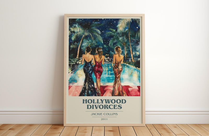 Hollywood Divorces book cover print in frame leaning in hallway – romance wall art