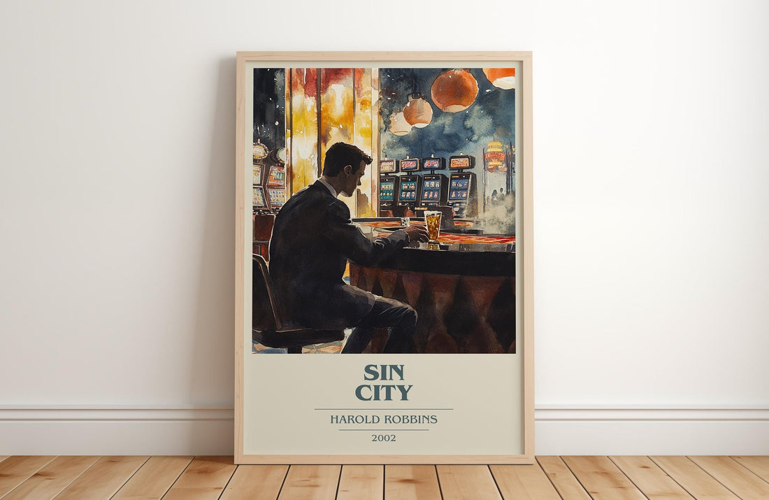 Sin City book cover print in frame leaning in hallway – romance wall art (mockup)