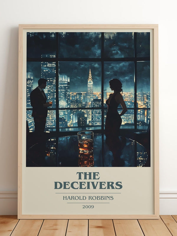 The Deceivers book cover print in frame leaning in hallway – thriller wall art
