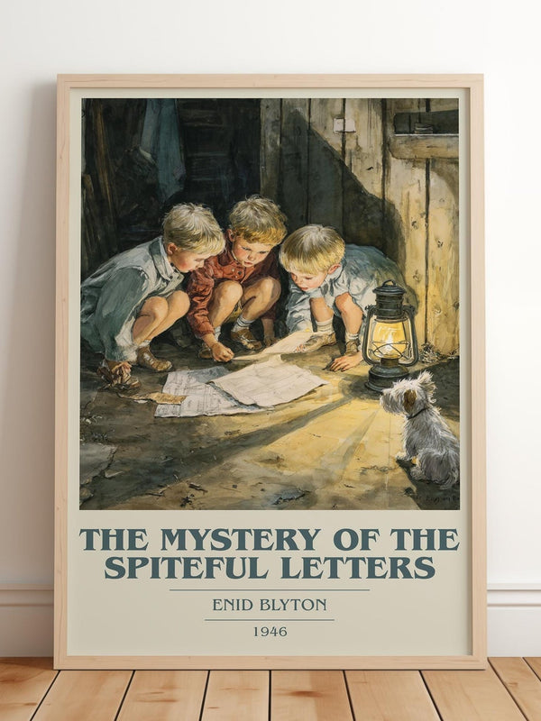 The Mystery Of The Spiteful Letters book cover print in frame leaning in hallway – mystery wall art