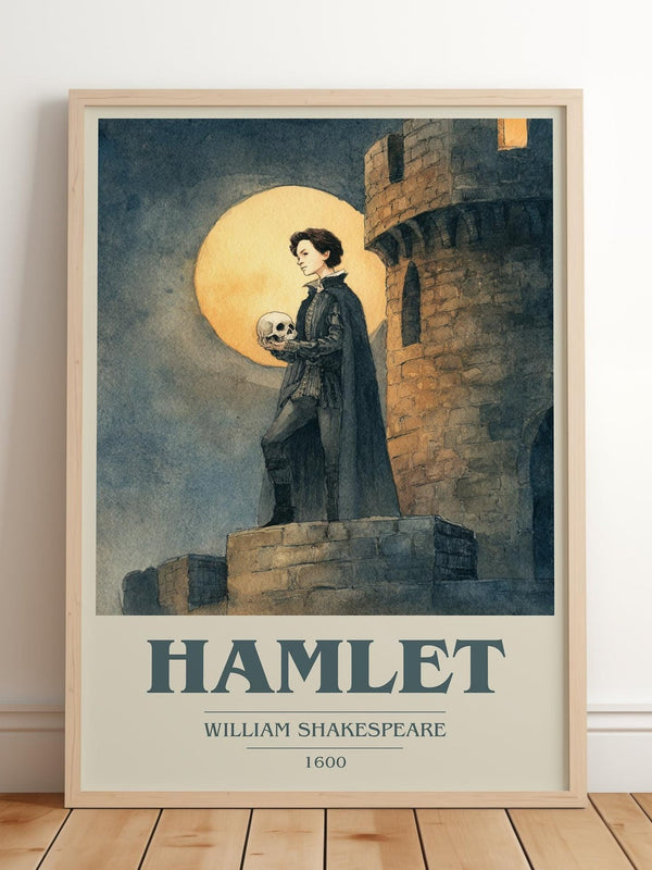 Hamlet book cover print in frame leaning in hallway – classic literature wall art