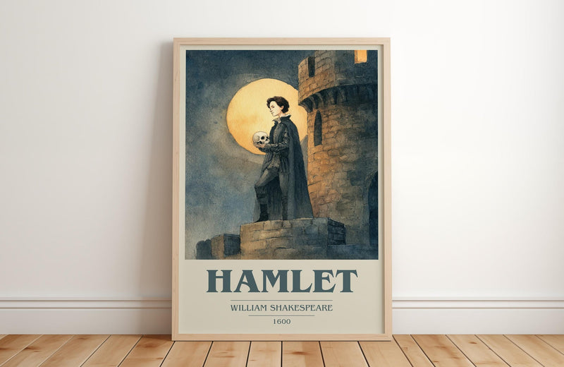 Hamlet book cover print in frame leaning in hallway – classic literature wall art