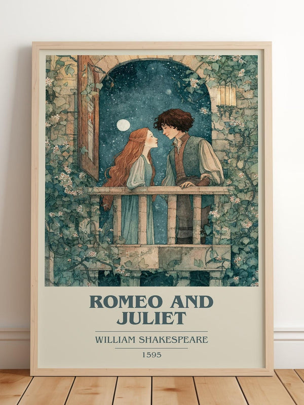 Romeo and Juliet book cover print in frame leaning in hallway – classic literature wall art