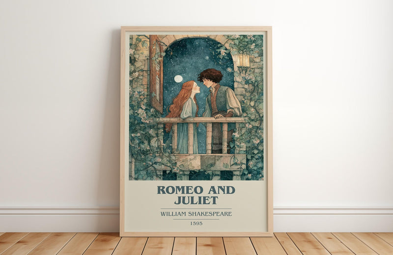 Romeo and Juliet book cover print in frame leaning in hallway – classic literature wall art