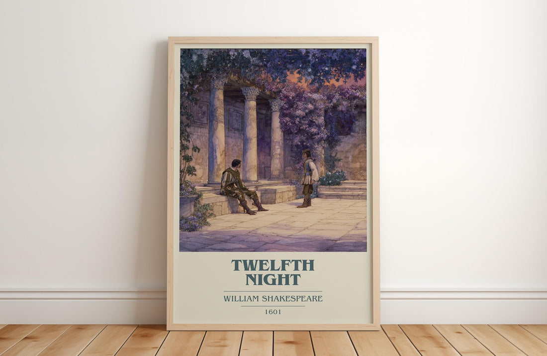 Twelfth Night book cover print in frame leaning in hallway – classic literature wall art (mockup)