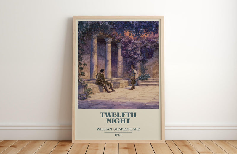 Twelfth Night book cover print in frame leaning in hallway – classic literature wall art