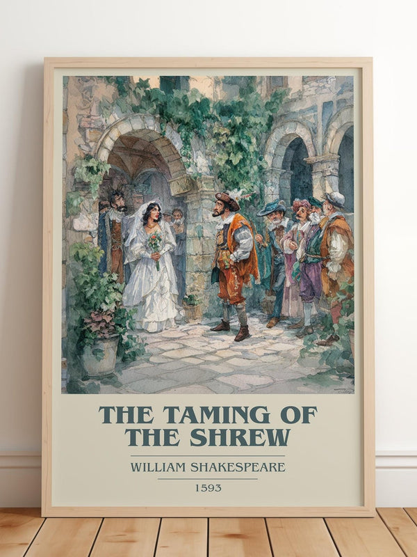 The Taming of the Shrew book cover print in frame leaning in hallway – classic literature wall art