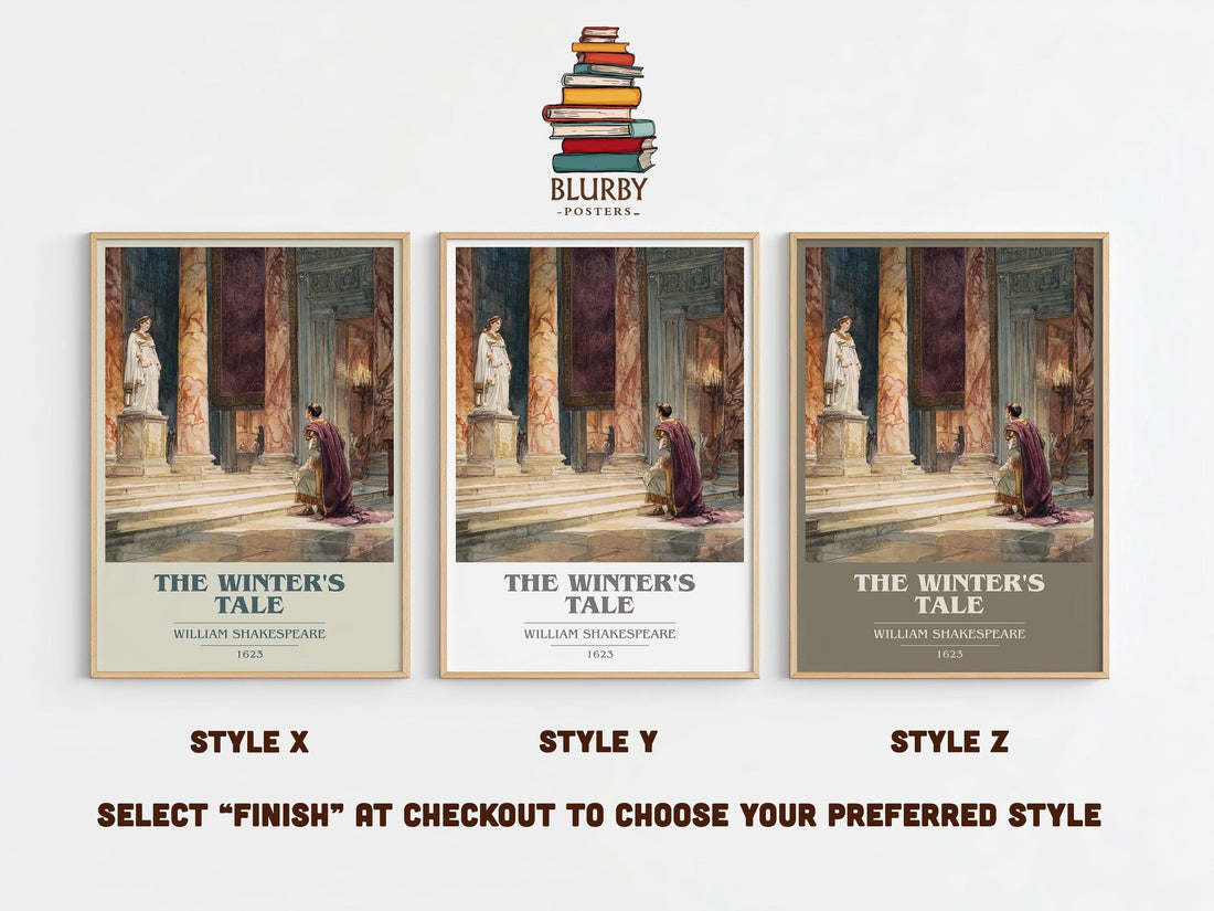 The Winter's Tale book cover print in frame leaning in hallway – classic literature wall art (mockup)