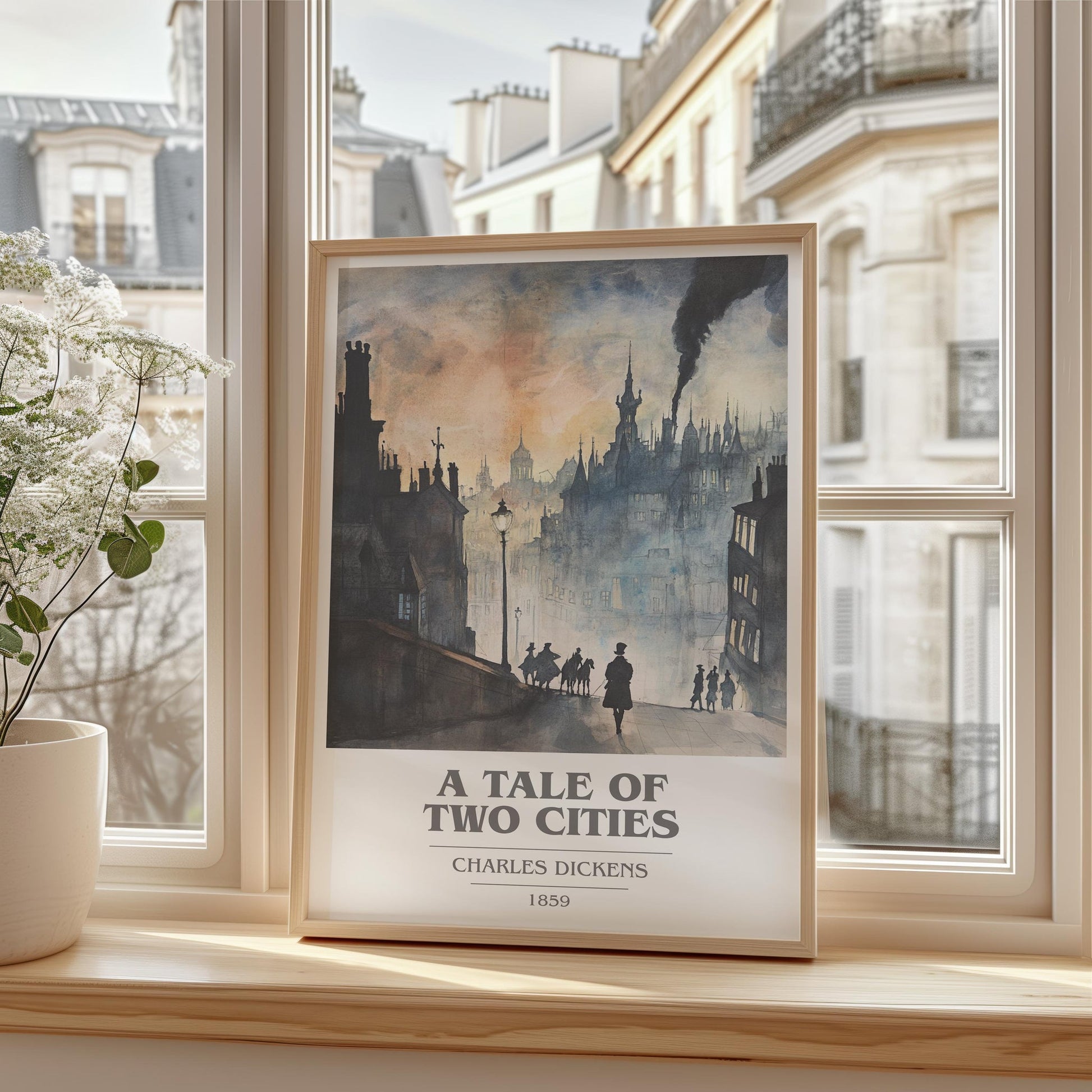 A Tale of Two Cities book cover print framed by window – literary home decor